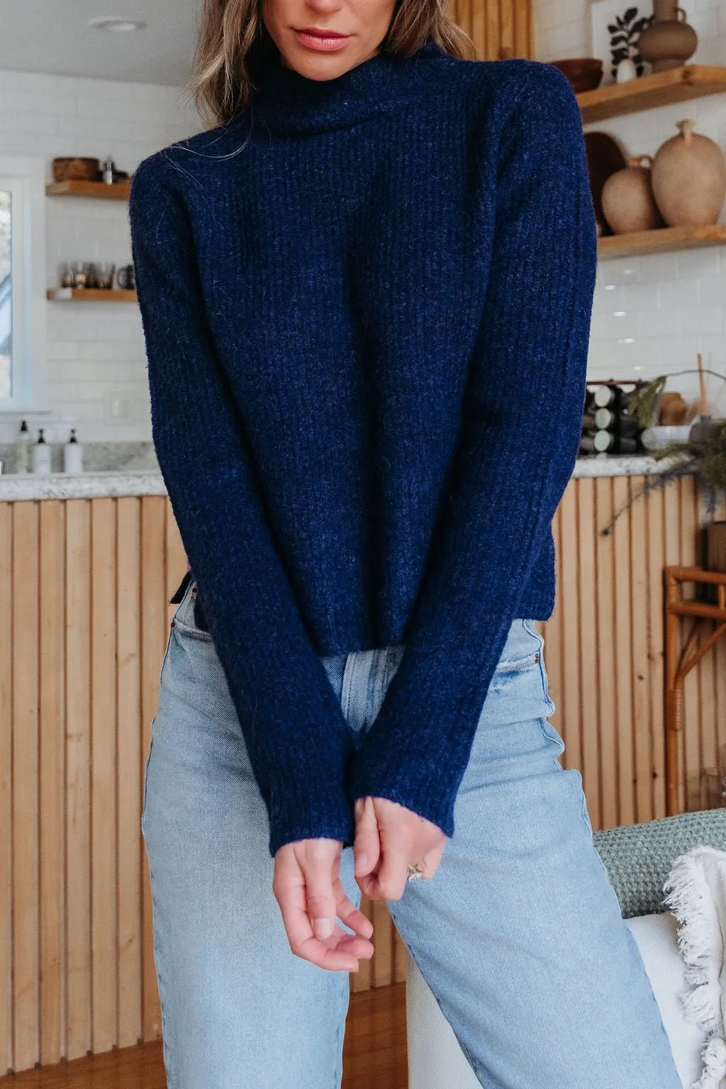 Navy Blue Mock Neck Ribbed Sweater