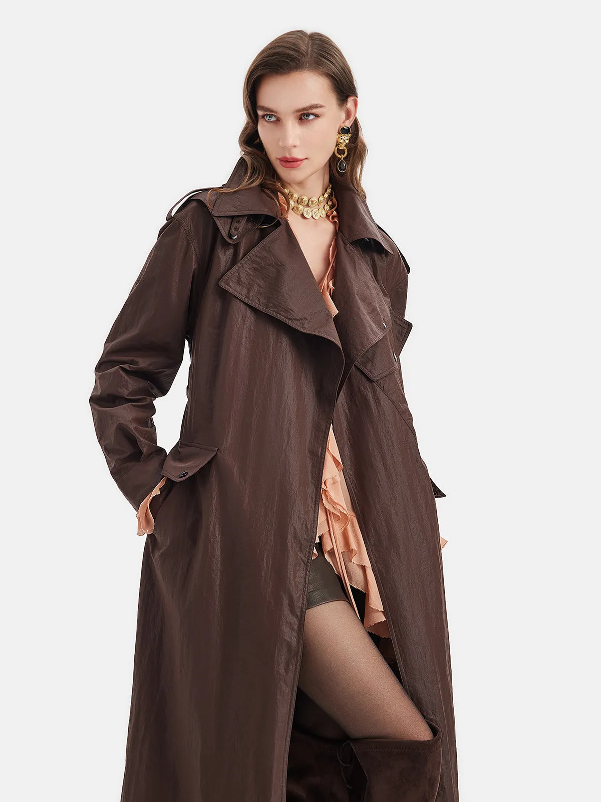 Oil-wax Paper Textured Trench Coat