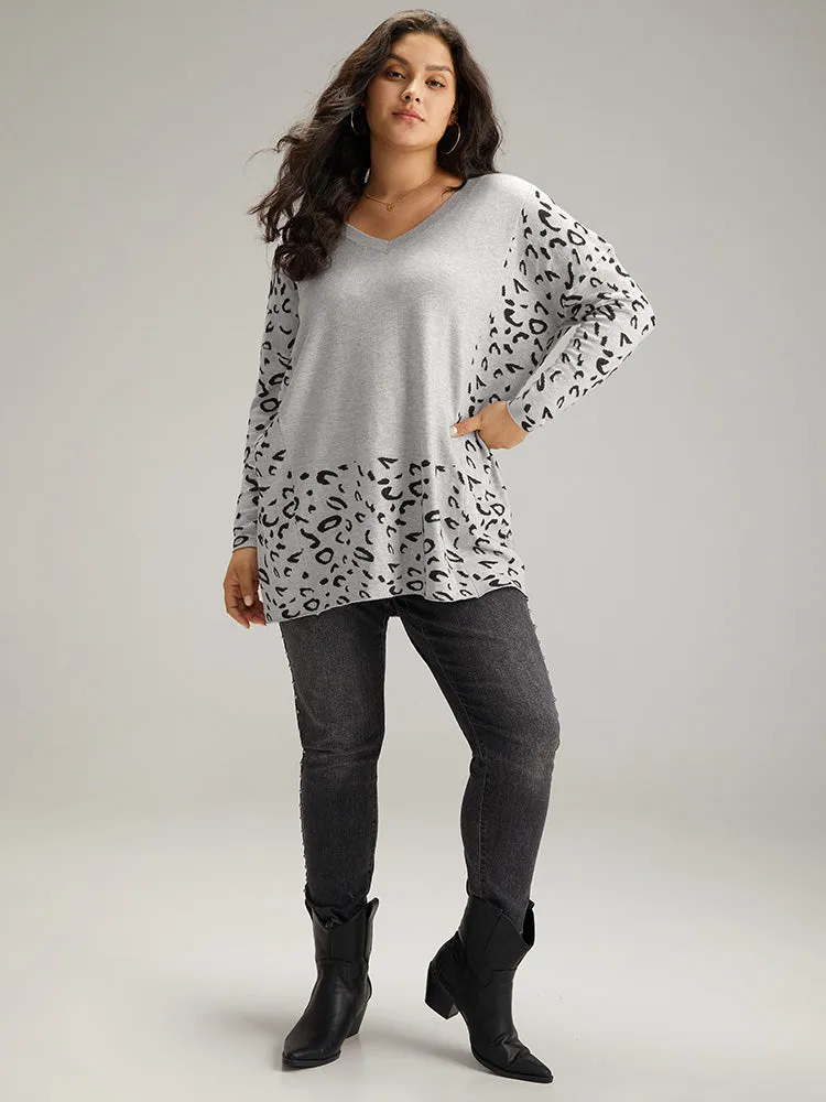 Patchwork Leopard Print V Neck Pullover