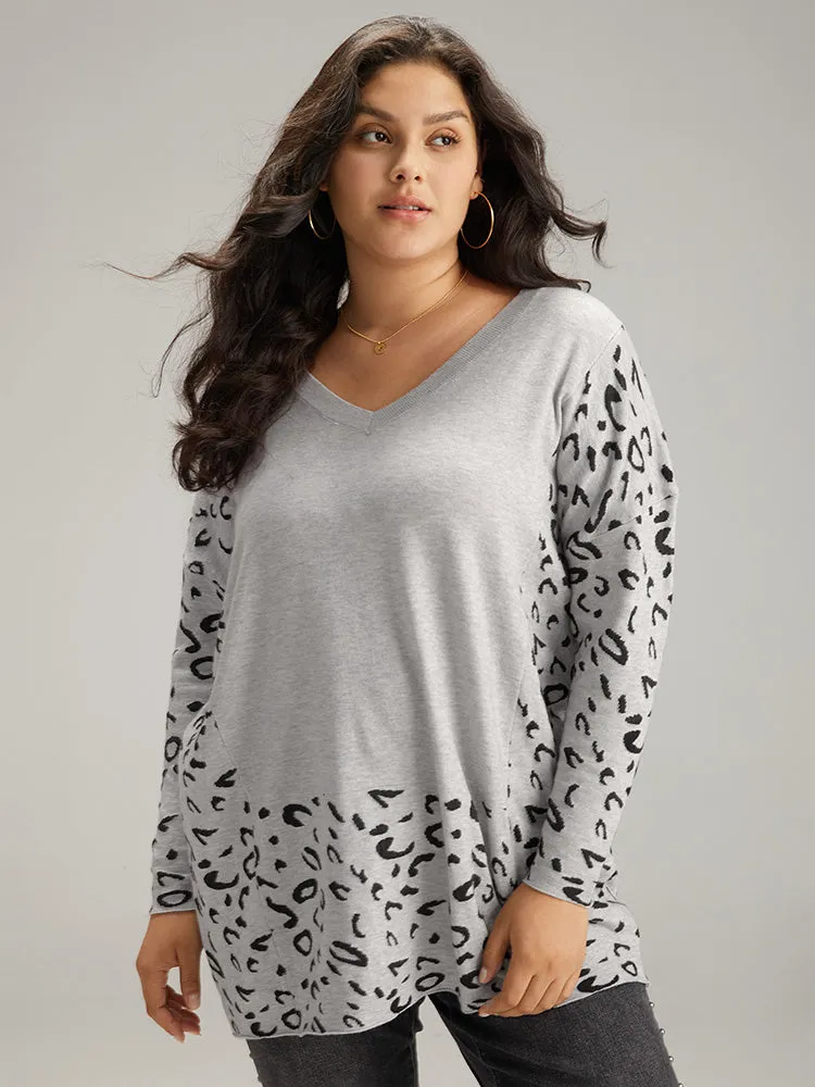 Patchwork Leopard Print V Neck Pullover