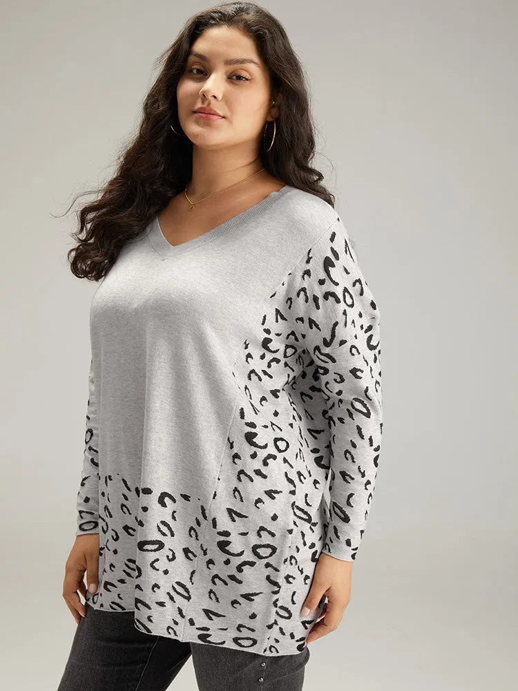 Patchwork Leopard Print V Neck Pullover