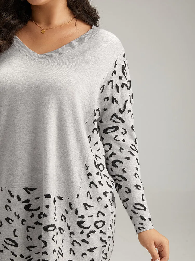 Patchwork Leopard Print V Neck Pullover