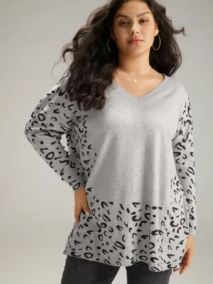 Patchwork Leopard Print V Neck Pullover