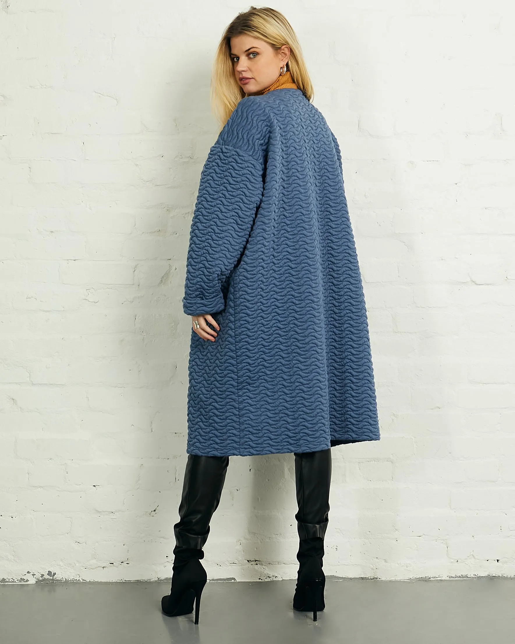 Quilted Long Open Front Coat with Pockets in Blue | Cali