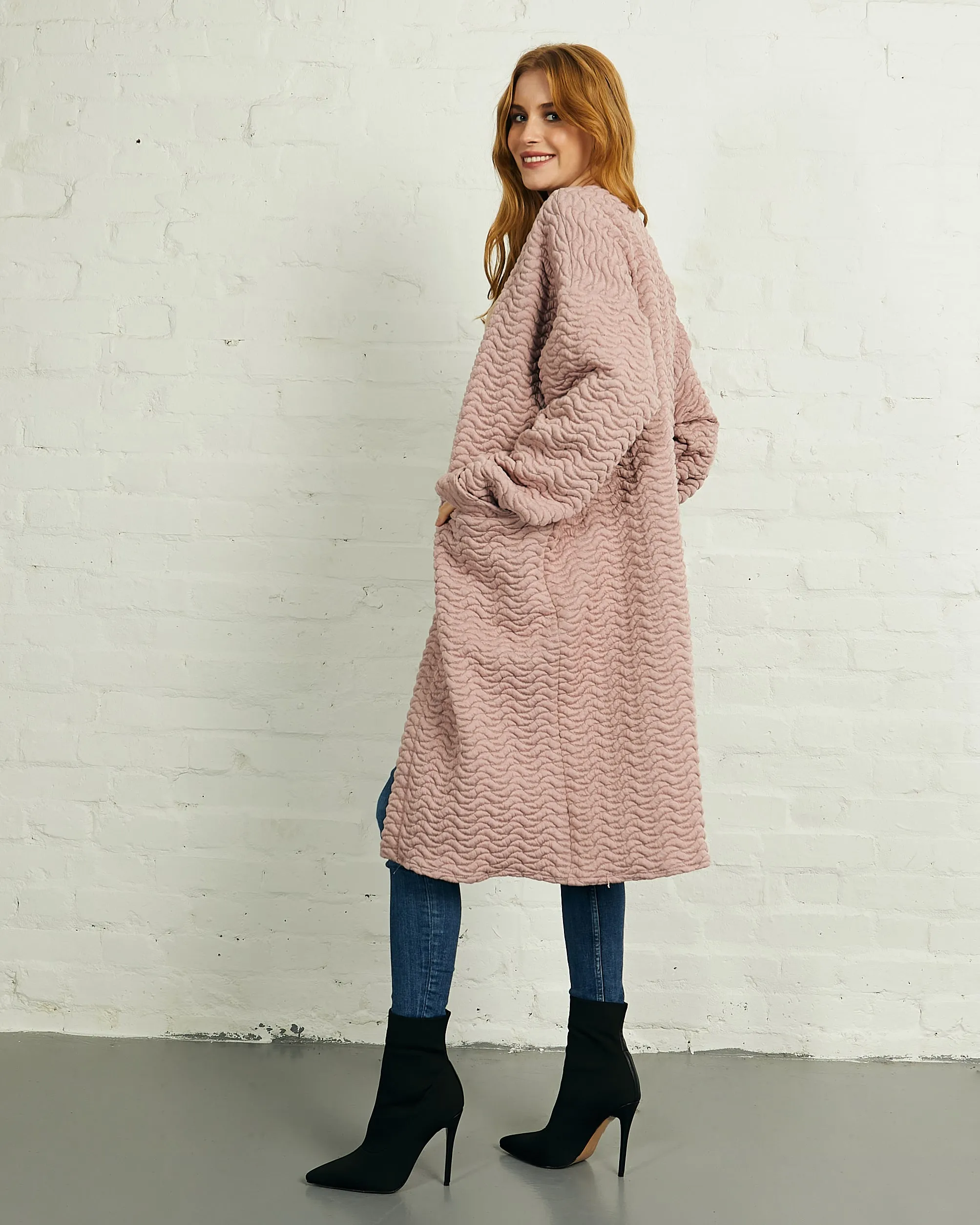 Quilted Long Open Front Coat with Pockets in Pink | Cali