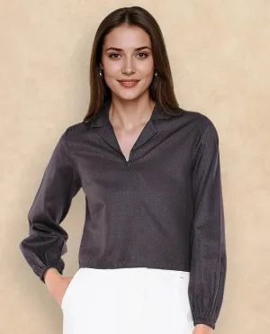 Rareism Women Istanbul Grey Bishop Sleeve Lapel Collar Cropped Plain Top