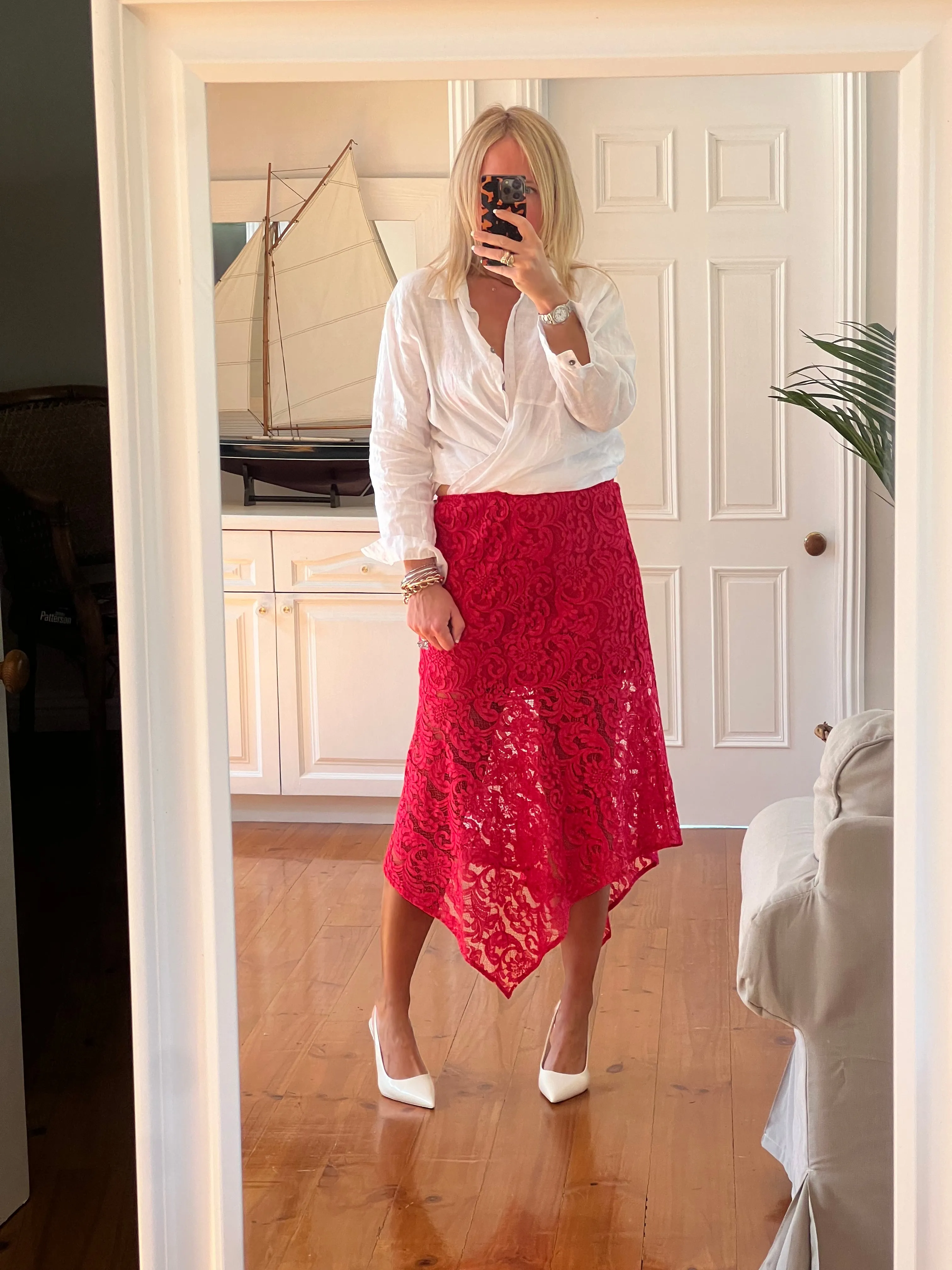 Red Lace Midi Skirt