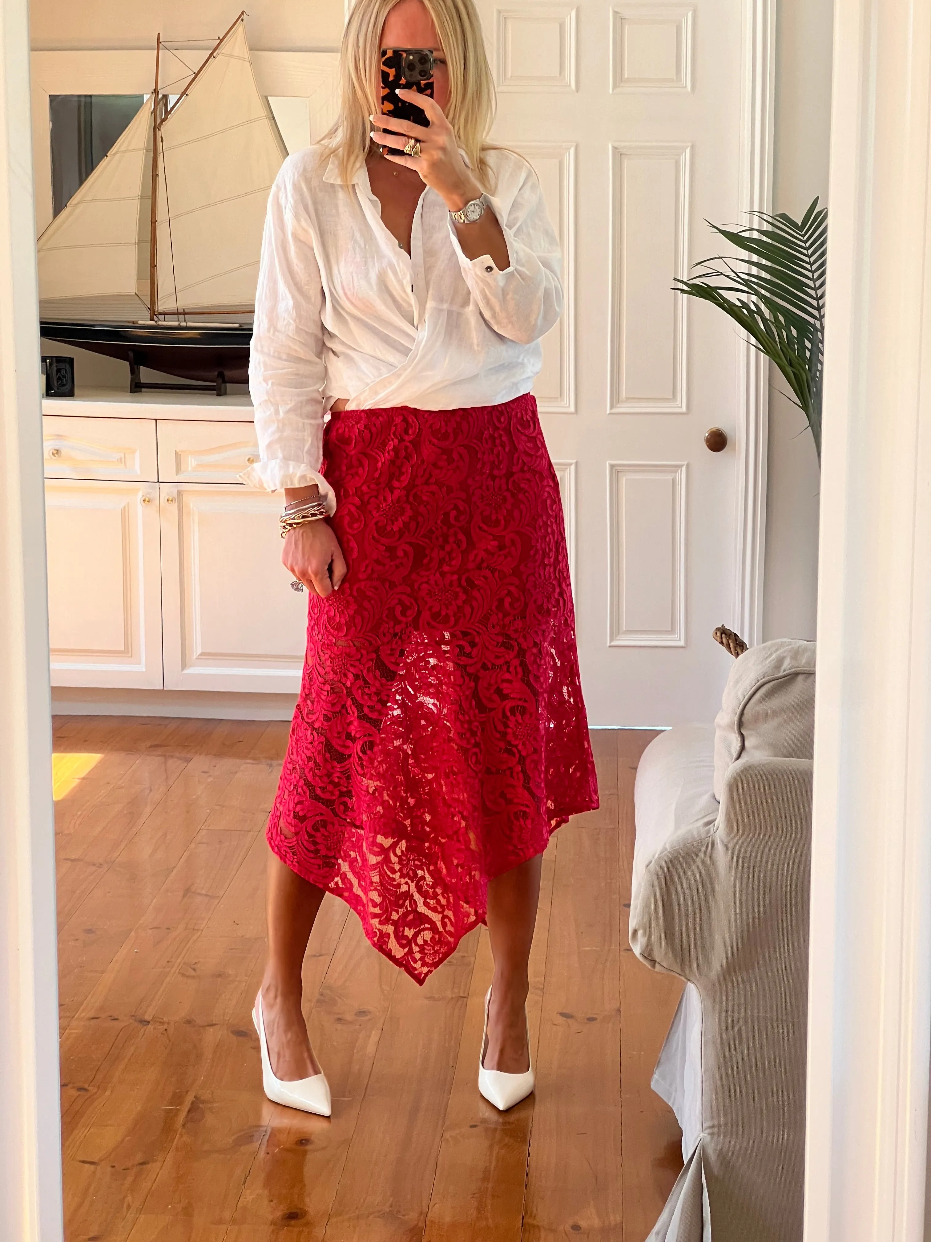 Red Lace Midi Skirt