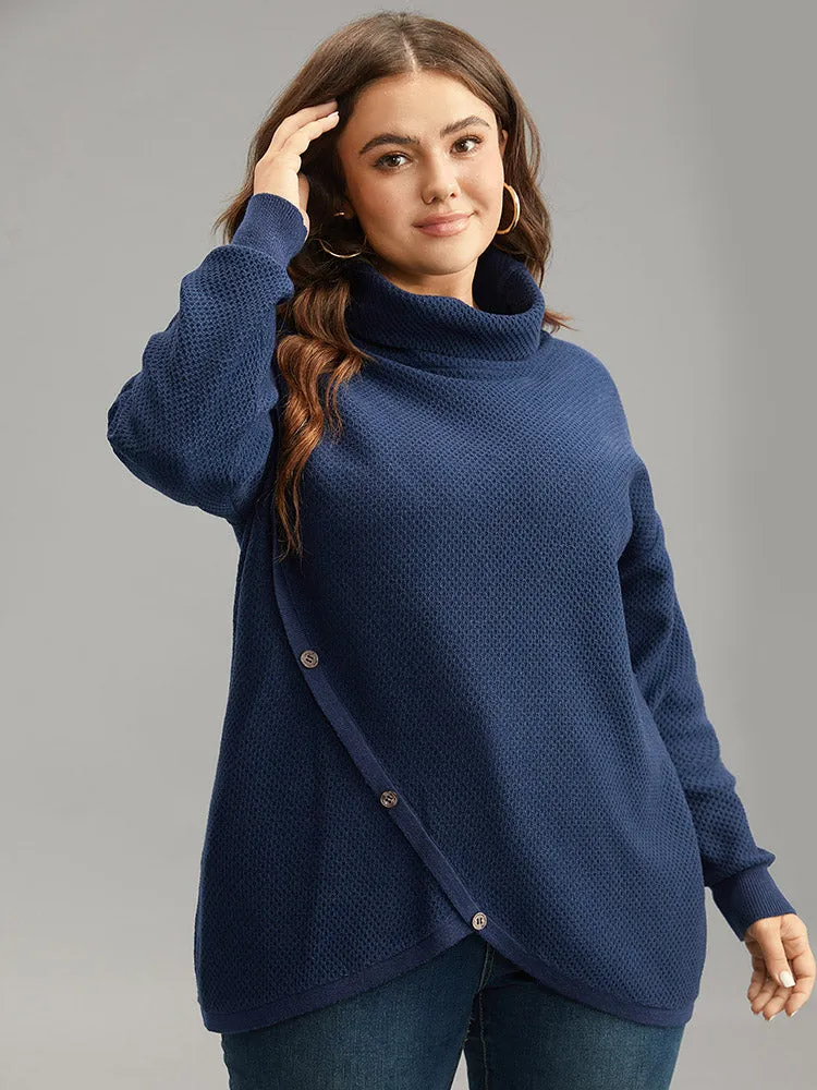 Solid Turtleneck Button Detail Asymmetrical Pullover