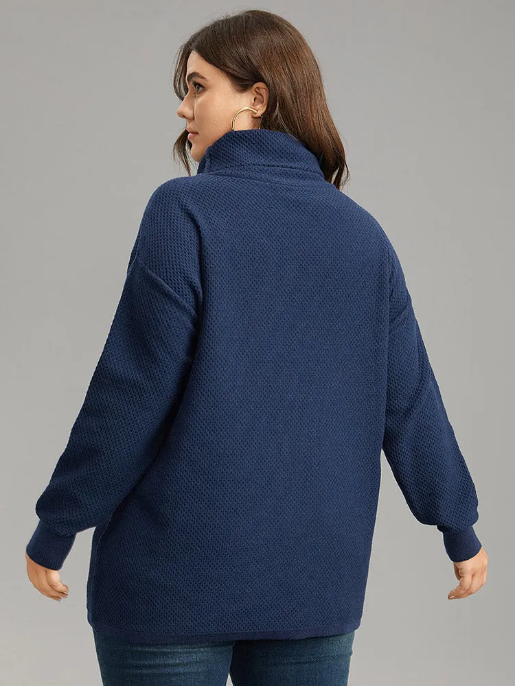 Solid Turtleneck Button Detail Asymmetrical Pullover