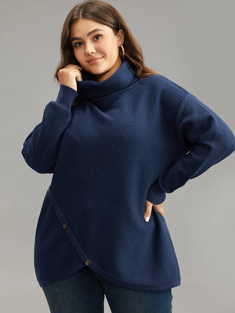 Solid Turtleneck Button Detail Asymmetrical Pullover