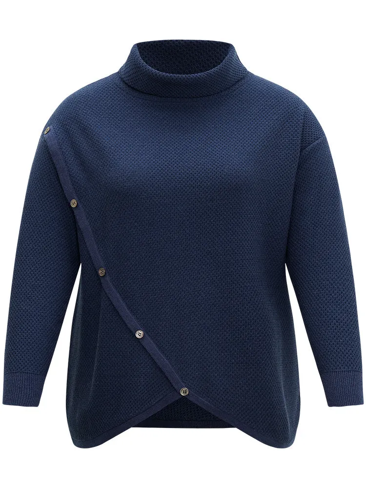 Solid Turtleneck Button Detail Asymmetrical Pullover