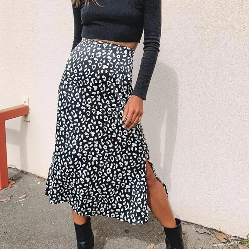 Summer women vintage elegant beach midi boho skirt 2021 Women Leopard print split sexy zip skirts womens Casual skirts female