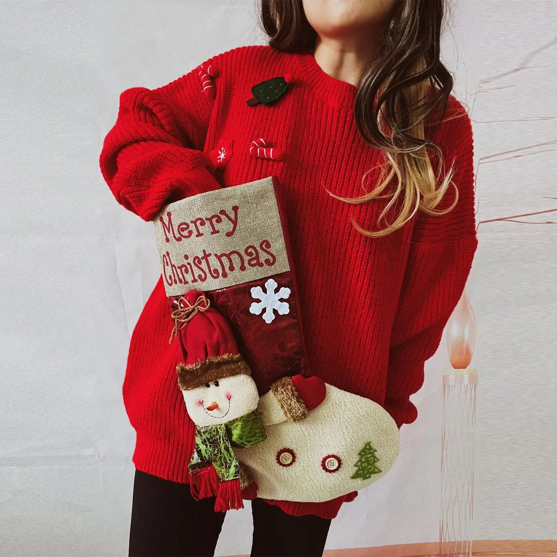 Wenkouban-Christmas Thanksgiving outfits_Loose Thickened Red Christmas Snowman Doll Pocket Christmas Sweater