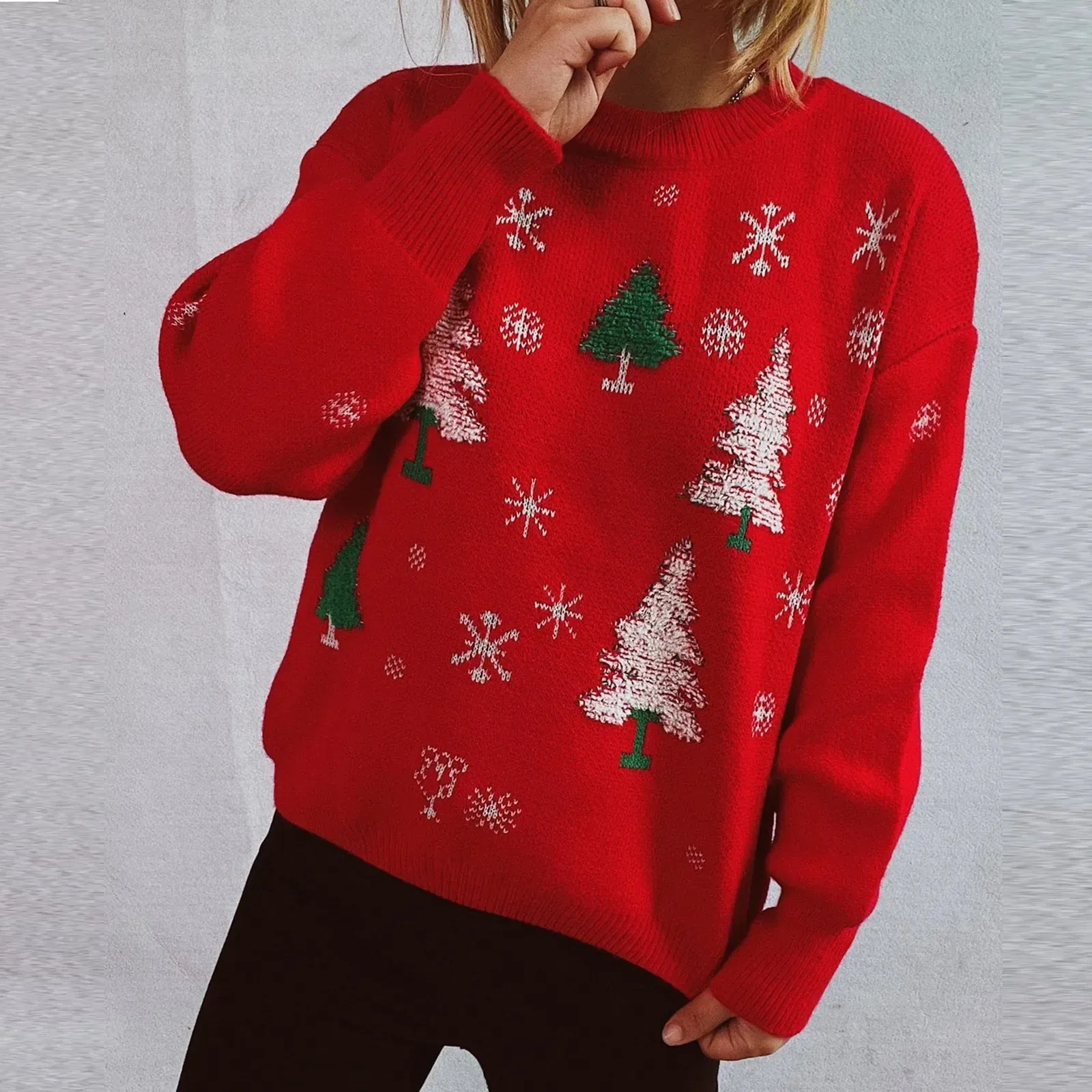 Wenkouban-Christmas Thanksgiving outfits_Thickened Color Blocked Hoodie Snowflake Loose Round Neck Christmas Sweater