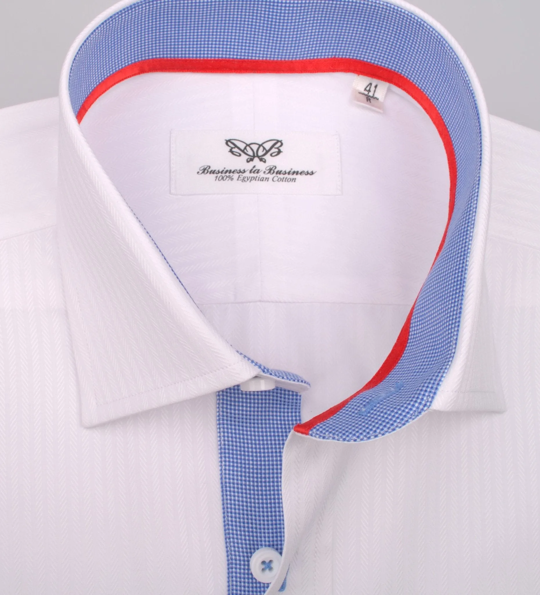 White Herringbone Fade Striped Formal Business Dress Shirt with Blue Mini Gingham Checks