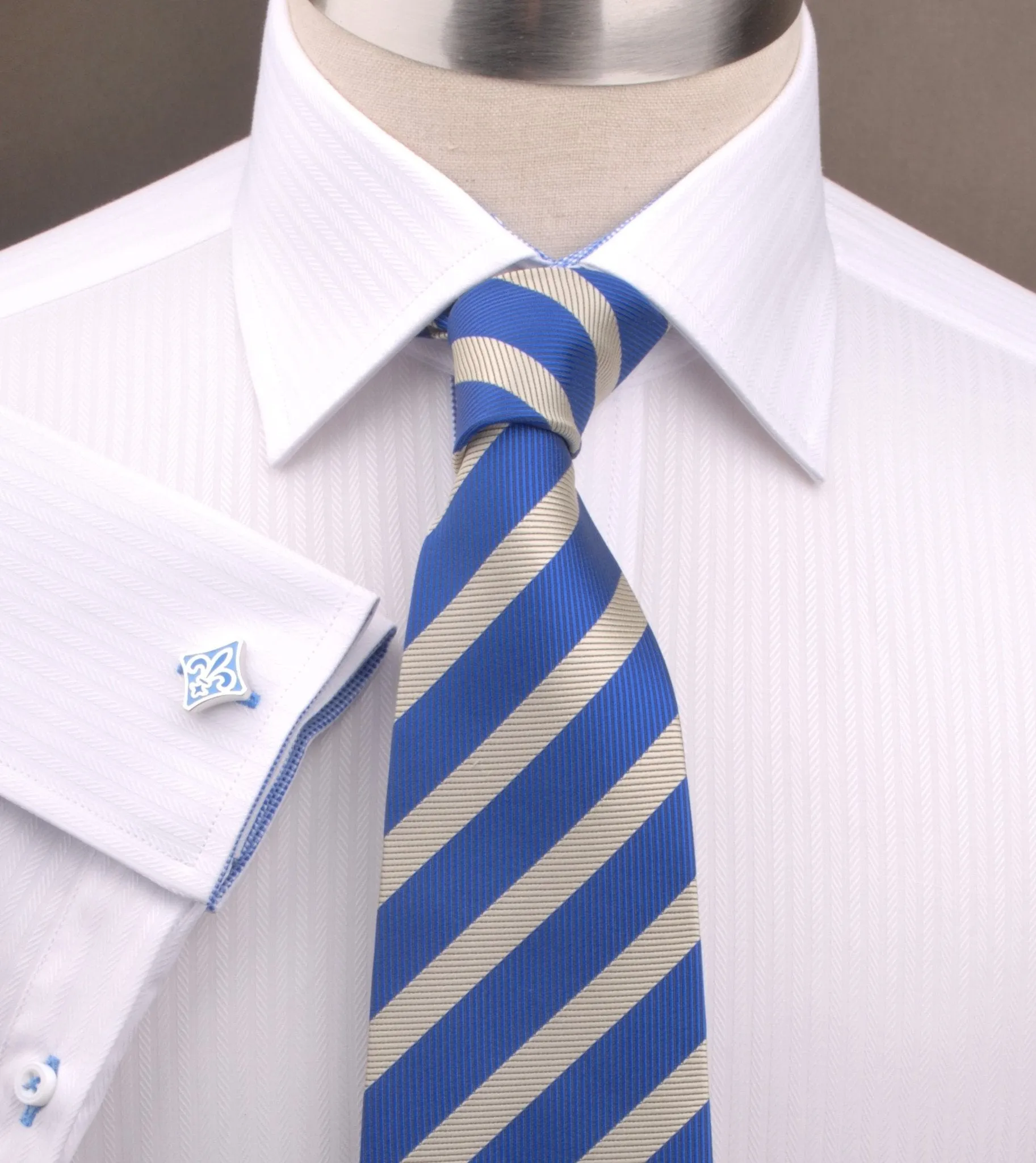 White Herringbone Fade Striped Formal Business Dress Shirt with Blue Mini Gingham Checks