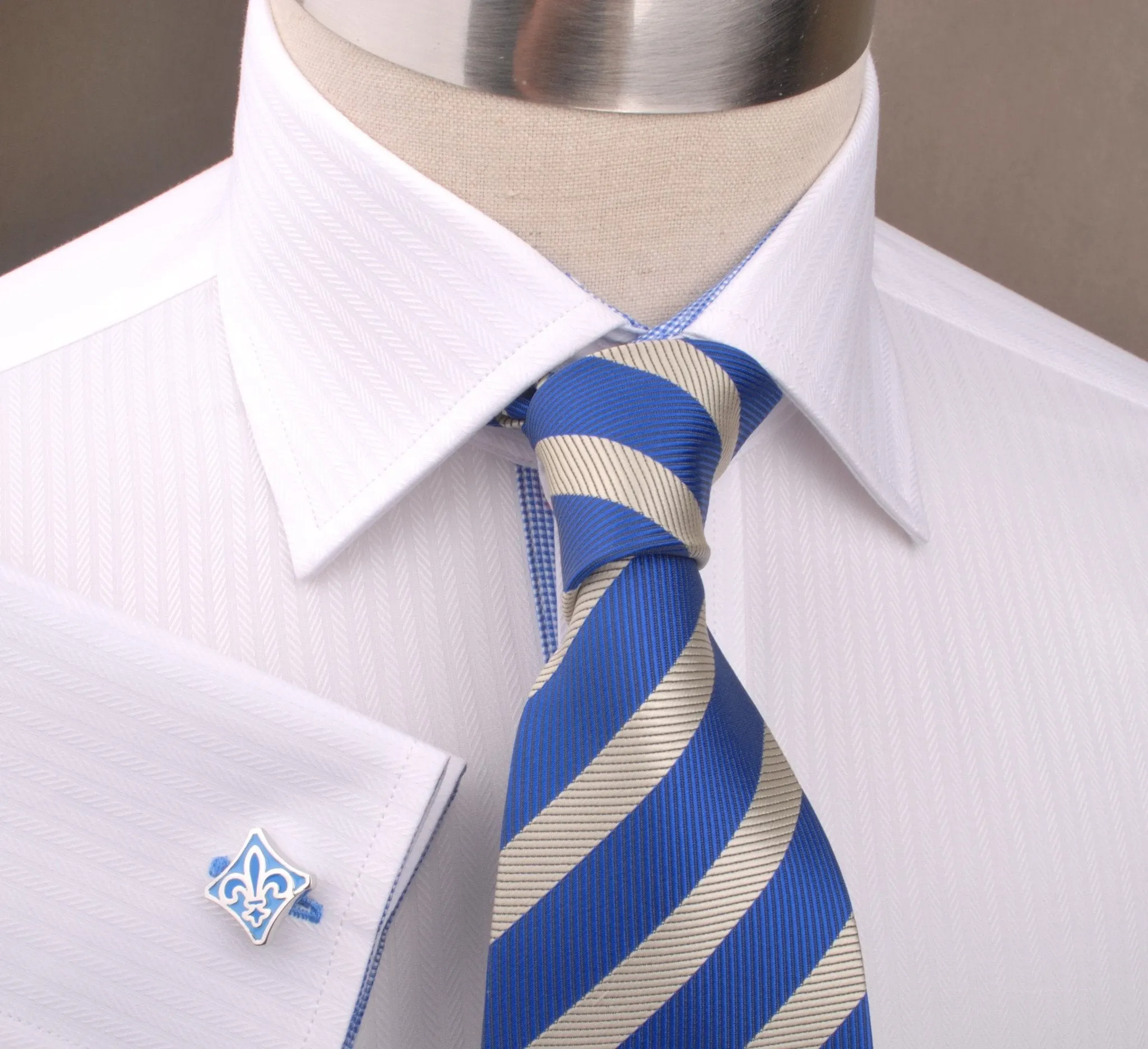 White Herringbone Fade Striped Formal Business Dress Shirt with Blue Mini Gingham Checks