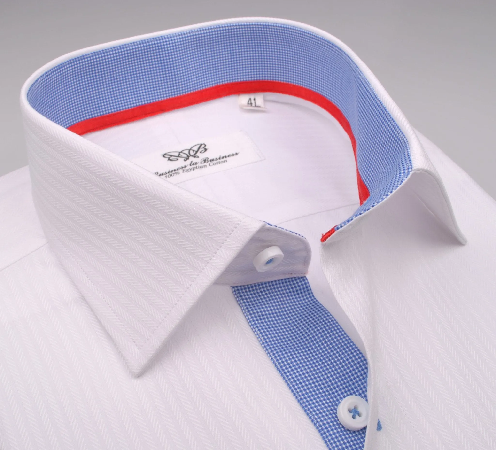 White Herringbone Fade Striped Formal Business Dress Shirt with Blue Mini Gingham Checks