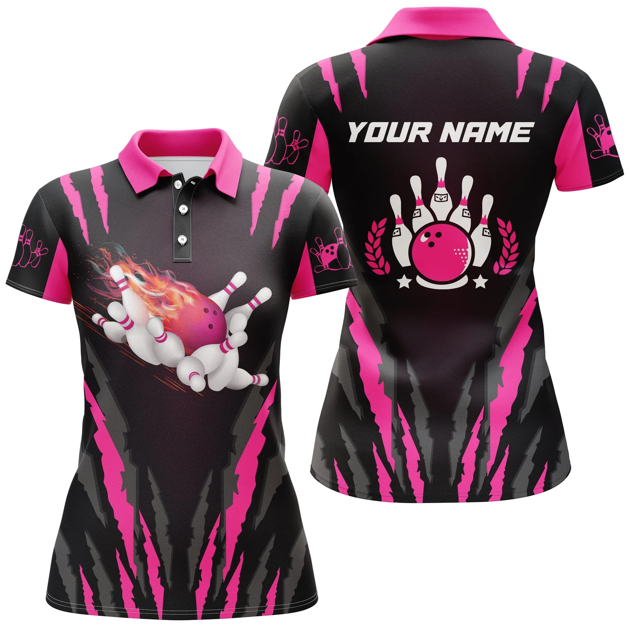 Women Bowling Polo Shirts Custom Pink Flame Bowling Ball & Pins Bowling Jerseys, Bowling Gifts