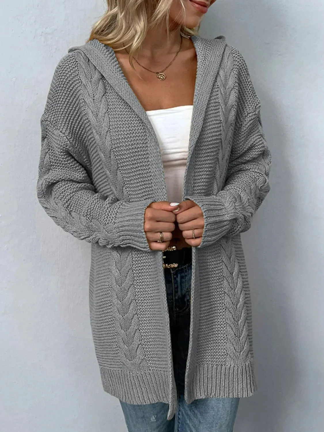 Women's Sweater Cardigan Cable-Knit Longline Hooded Cardigan     S2779